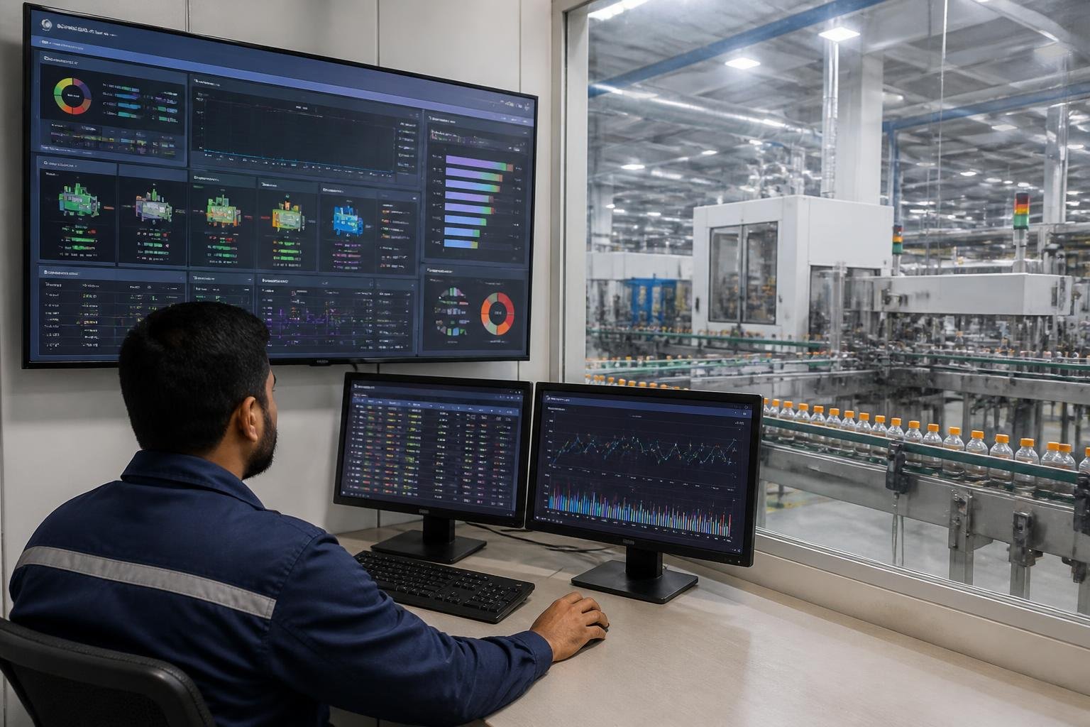 Engineer commissioning a production monitoring dashboard beside a manufacturing line