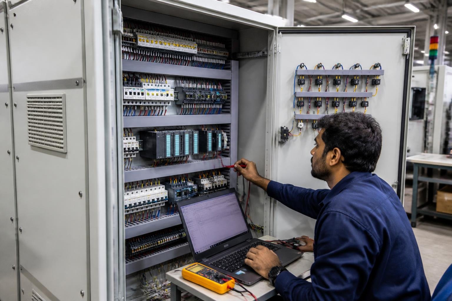 Engineer testing a newly built PLC control panel