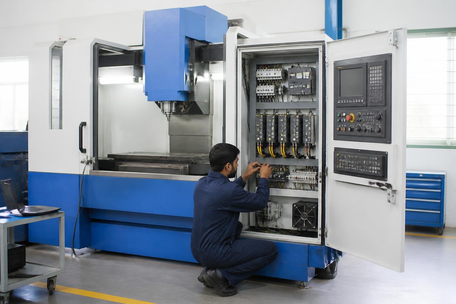 Engineer commissioning a newly retrofitted VMC control cabinet