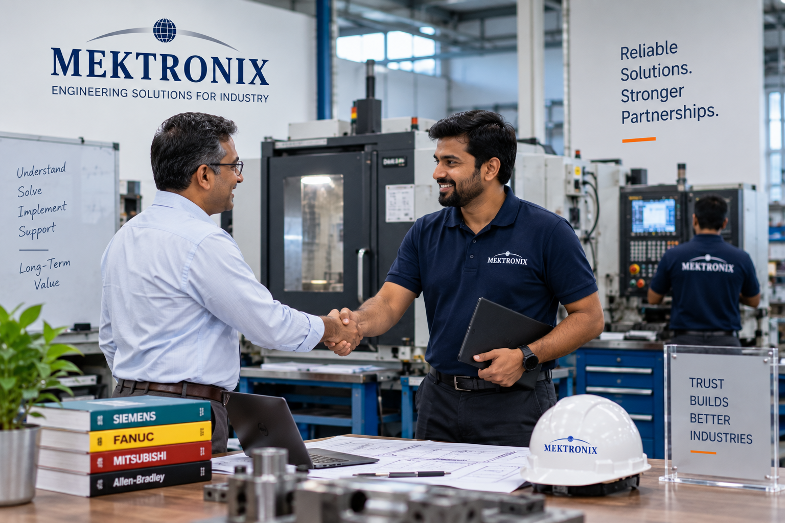 Mektronix engineer meeting a manufacturing customer on the shop floor