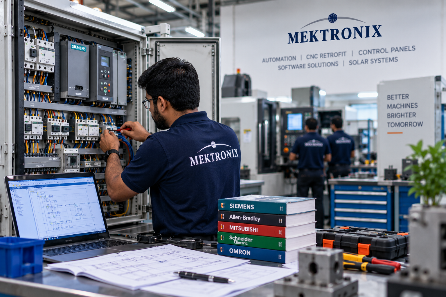 Mektronix engineer building and testing an industrial automation panel