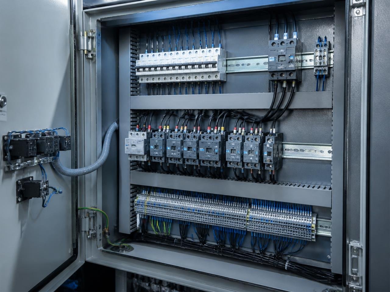 Industrial control panel cabinet with breakers, contactors and terminal blocks