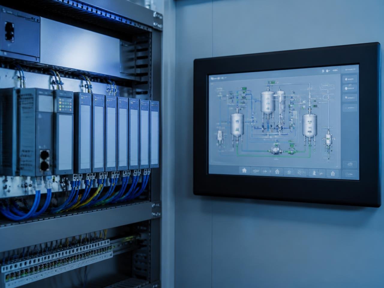 PLC module rack beside an HMI screen showing a SCADA process mimic