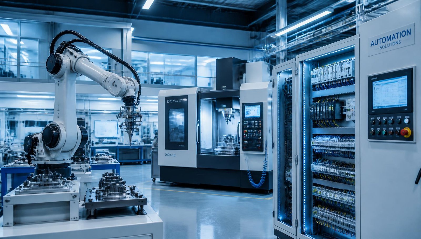 Automated industrial production line with robotic and control systems
