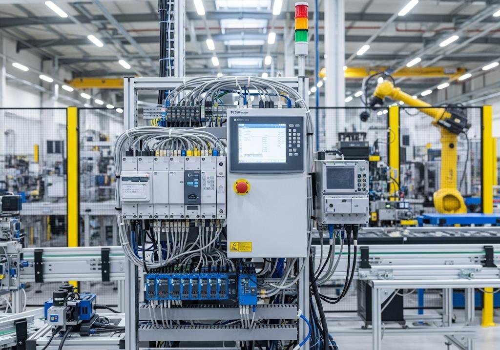 Industrial automation cell with PLC panel and robotic arm