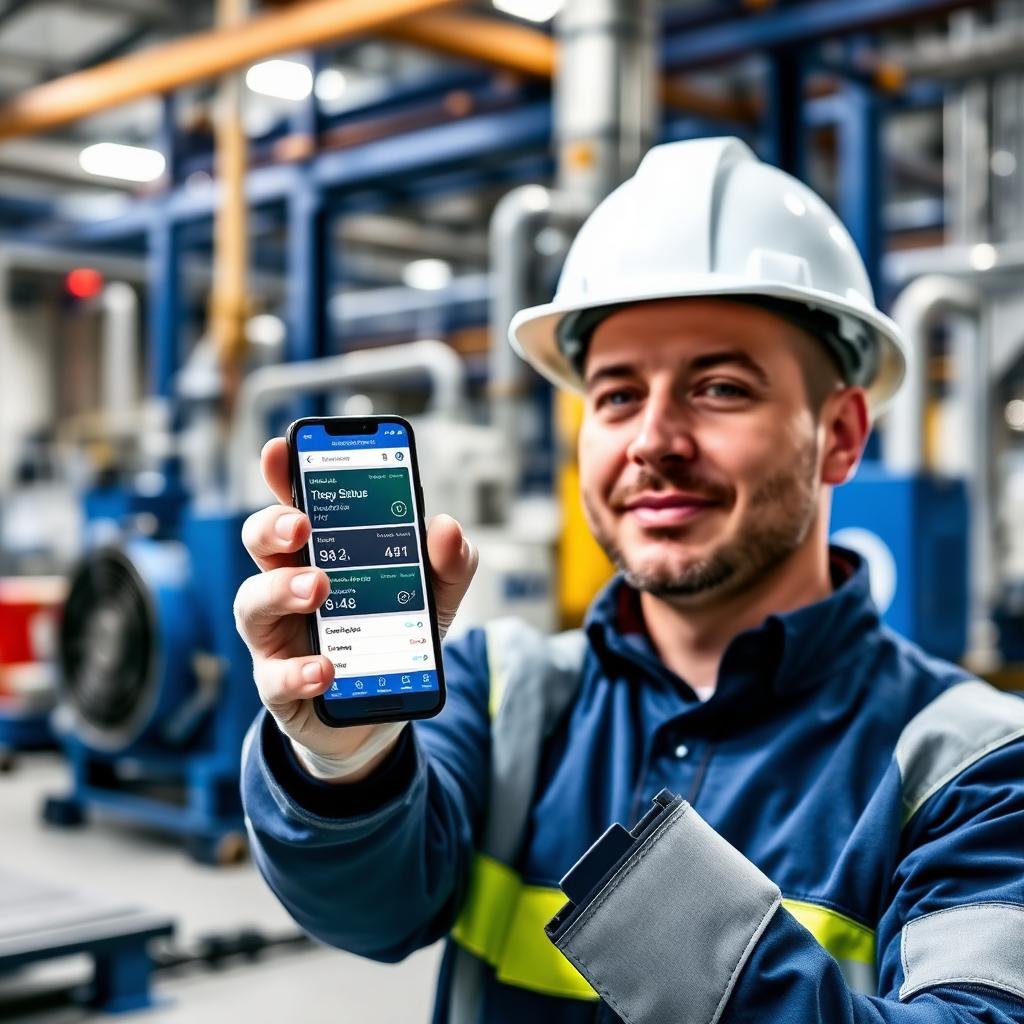 Engineer using a plant monitoring mobile app on the shop floor